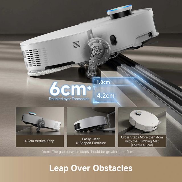 White Dreame X50 Ultra robot vacuum cleaner demonstrating obstacle clearance capabilities with double-layer threshold system, showing 6cm maximum height for stairs and 4.2cm vertical step navigation on reflective surface