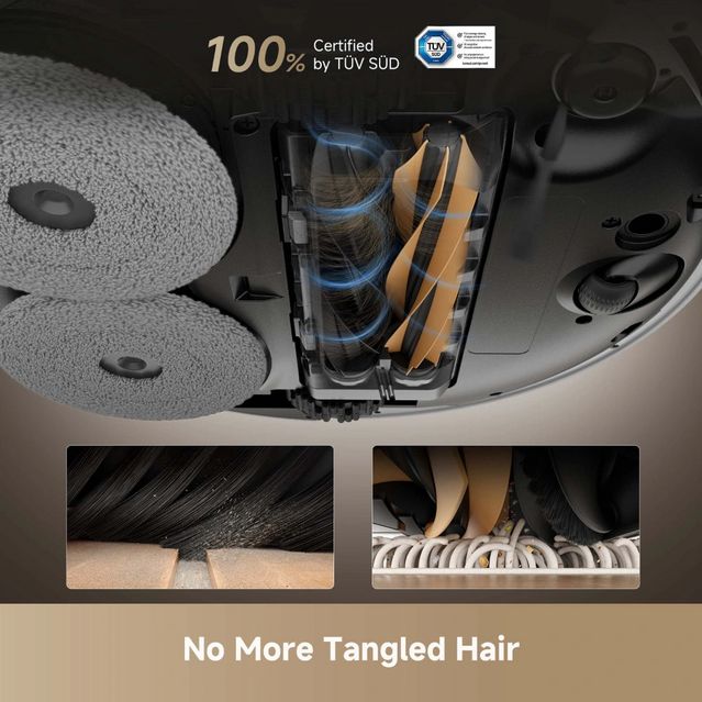 Dreame X50 Ultra robot vacuum cleaner showing internal brush mechanism with anti-tangle hair design, featuring gray and black components with orange accent strips, TUV SUD certified, includes close-up details of brush bristles and collection system