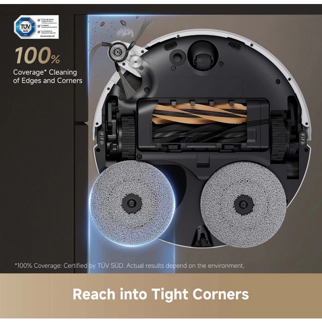 Bottom view of Dreame X50 Ultra robot vacuum showing dual gray circular brushes, black motor housing with orange bristles, white perimeter ring, and articulated edge-cleaning arm with TÜV SÜD certification badge for 100% edge coverage in top left corner