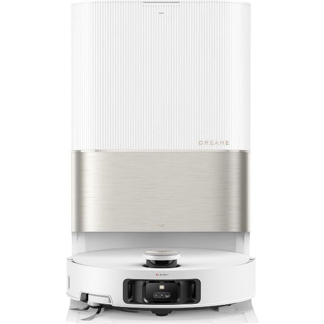 Dreame X50 Ultra robot vacuum cleaner with white ribbed upper body, brushed silver metal band, and white circular base with black control panel shown from front angle view