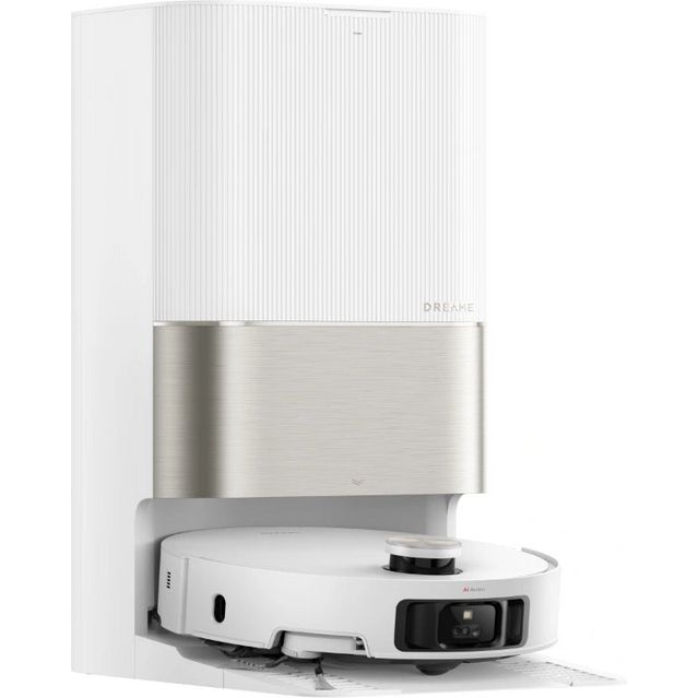 Dreame X50 Ultra robot vacuum cleaner in white with brushed stainless steel dock station, showing round white robotic vacuum base with black control panel positioned in front of tall white charging dock