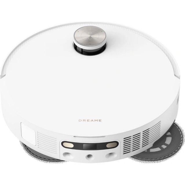 Dreame X50 Ultra white robot vacuum cleaner with stainless steel top knob, front control panel, and dual side brushes shown from angled top view