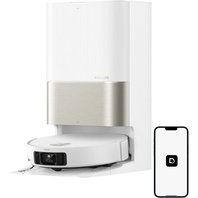 Dreame X50 Ultra robot vacuum cleaner in white with stainless steel band, shown with docking station and smartphone app interface displaying the Dreame logo