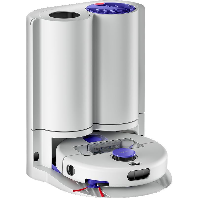 Dyson R2 Nurovi white robot vacuum with dual cylindrical dust and water tanks, blue accent details, and circular base with red brush bar visible from front angle view