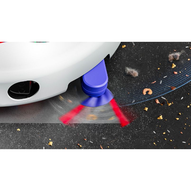 Blue and red Dyson R2 Nurovi robot vacuum with wet and dry cleaning function shown cleaning dark asphalt with scattered debris and leaves, demonstrating dual red laser cleaning jets in action beneath white car