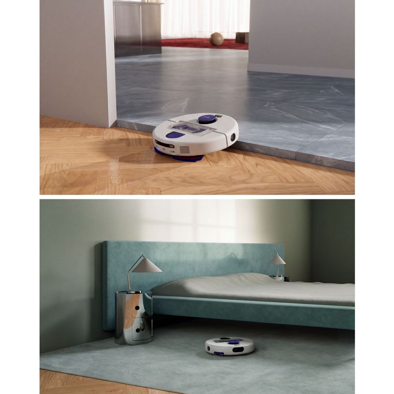 Dyson R2 Nurovi robot vacuum cleaner in white and purple shown cleaning wooden and tiled floors in two home settings, including under a bed with teal headboard
