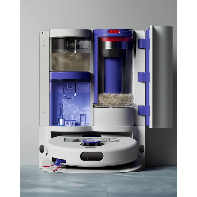 Dyson R2 Nurovi robotic vacuum cleaner with white and blue design showing opened dustbin compartment and water tank, featuring circular base with visible charging contacts and blue accent panels