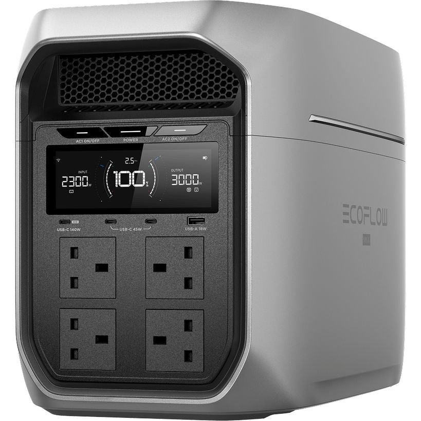 EcoFlow DELTA 3 Max Series 2048Wh portable power station with silver and black casing, featuring digital display showing 2300W input and 3000W output, four AC outlet sockets, USB ports, and hexagonal ventilation grille on top