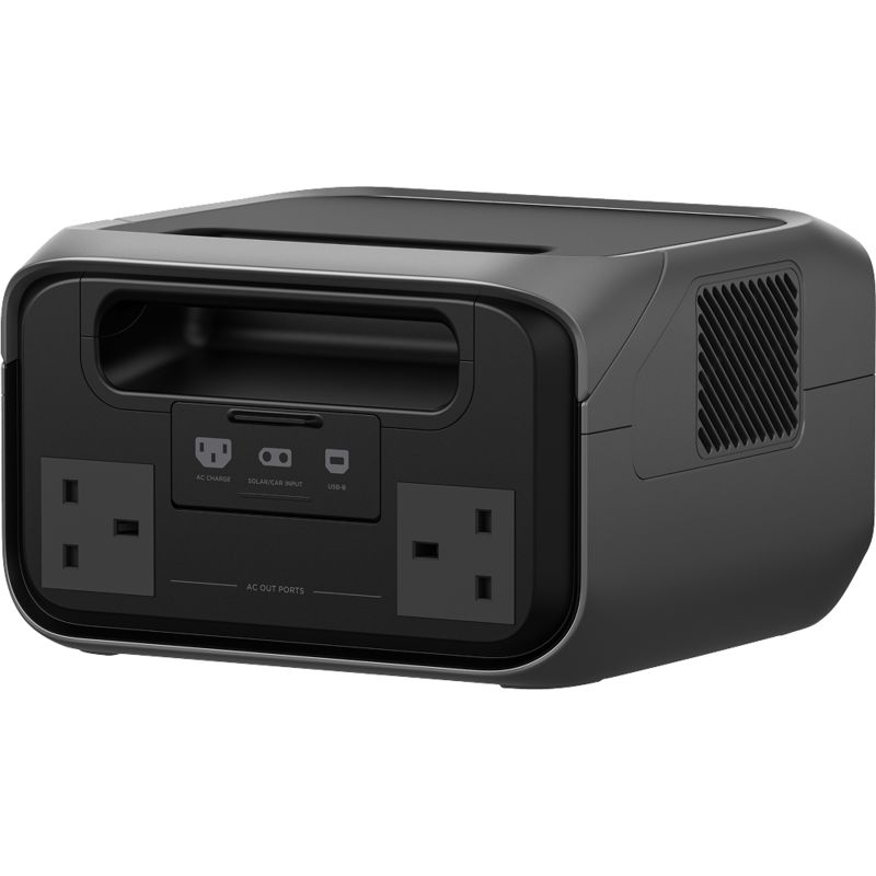 EcoFlow River 3 Plus 286Wh portable power station with dark grey casing, front-facing AC outlet ports, digital display panel, and ventilation grille on side, shown against white background