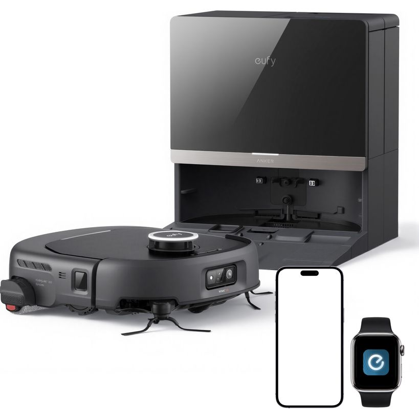 eufy Omni E35 robot vacuum and mop in black with all-in-one self-emptying station, smartphone and smartwatch