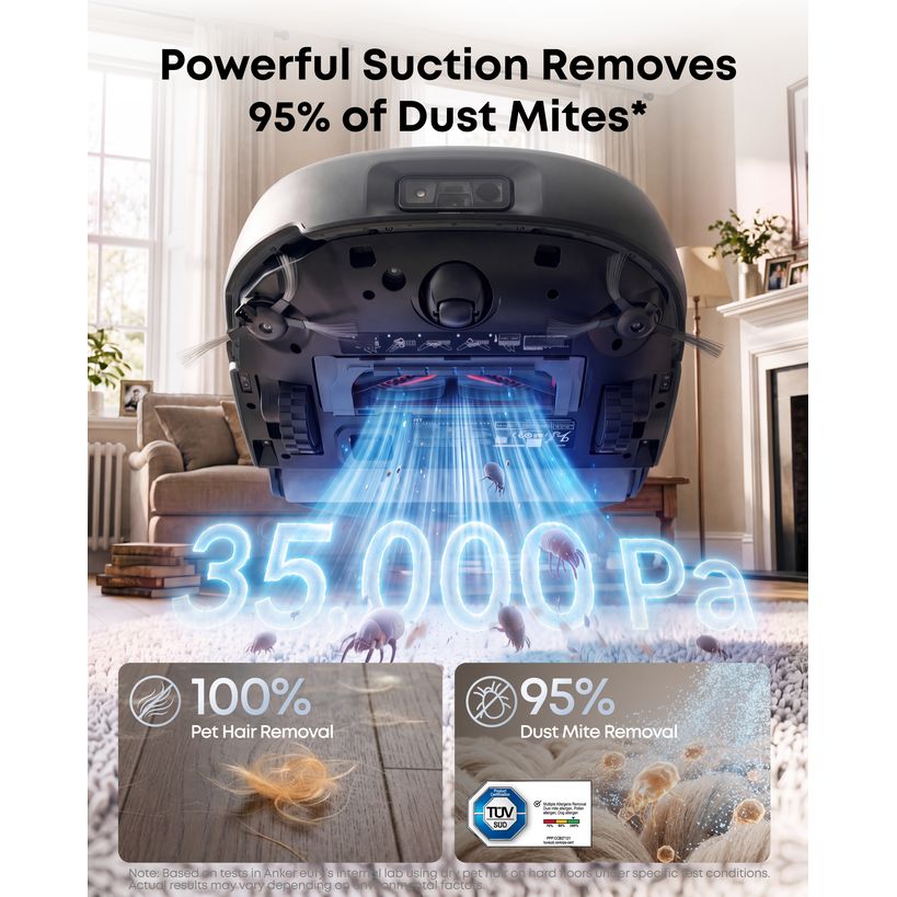 eufy Omni E35 with 35,000 Pa suction removing dust mites and pet hair from carpet