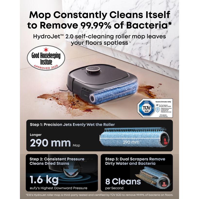 eufy Omni E35 HydroJet self-cleaning roller mop with precision water jets and 1.6 kg downward pressure