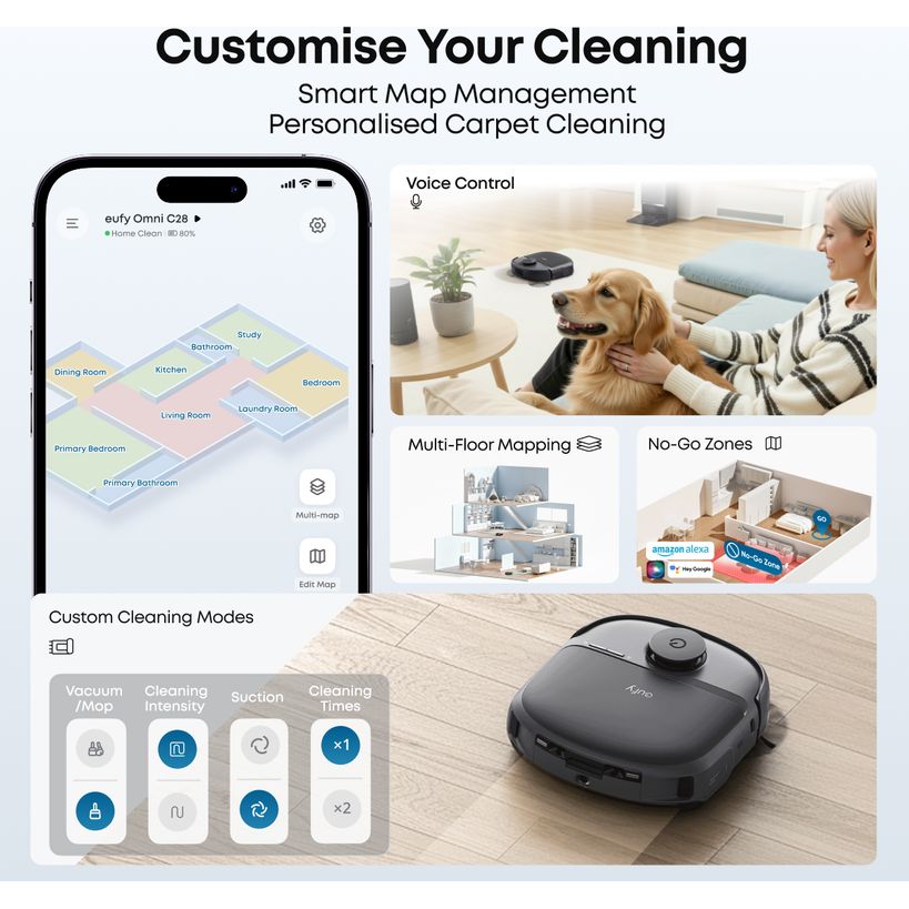eufy app with custom cleaning modes, multi-floor mapping and no-go zones for the Omni C28