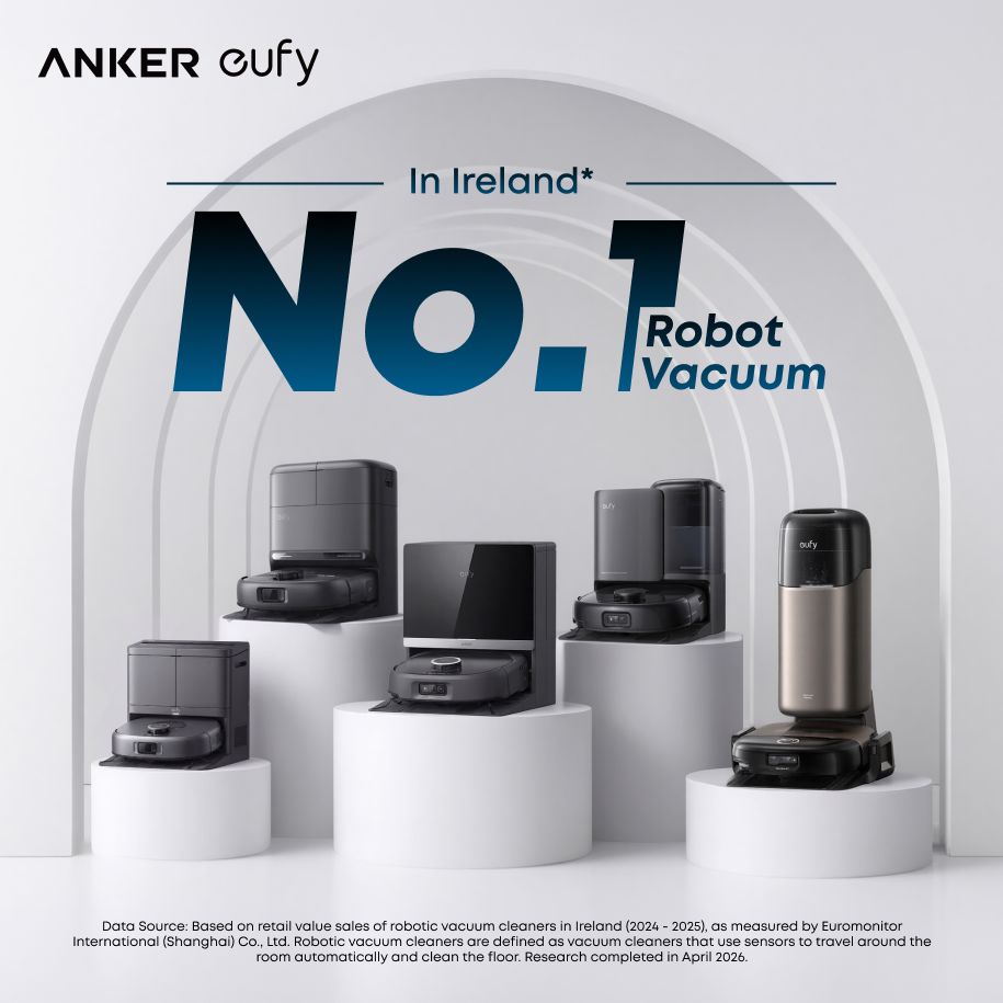 Eufy Omni C28A robot vacuum display image showing NO.1 market position in Ireland with multiple black robotic vacuum models arranged on white cylindrical pedestals against a gray arched background, featuring the Anker Eufy branding and product lineup