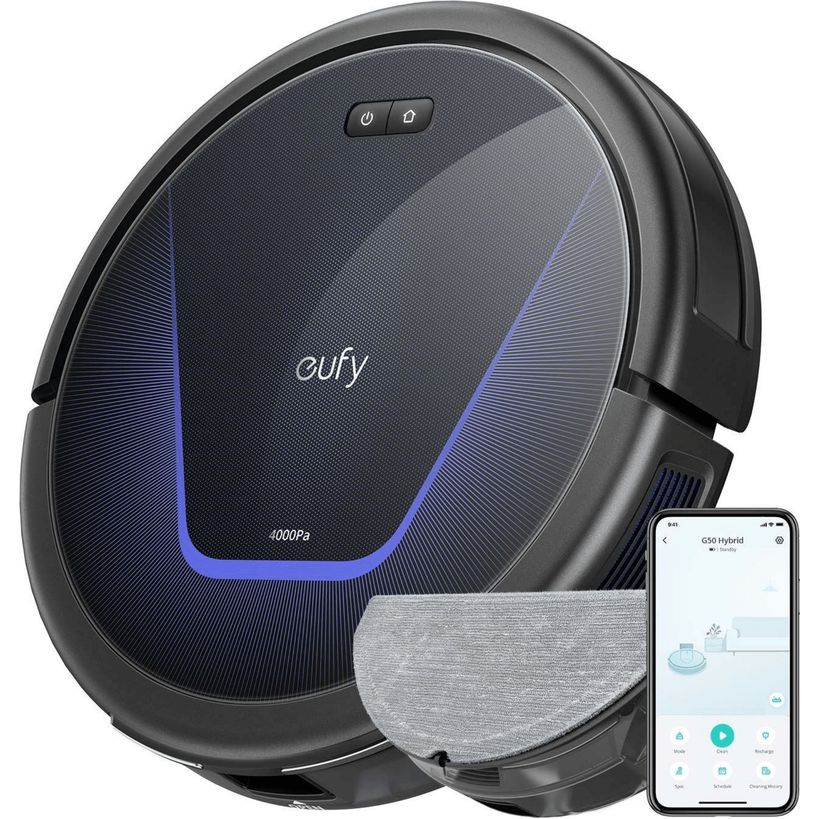 eufy RoboVac G50 Hybrid robot vacuum in black with blue accent, mop pad and eufy app on smartphone