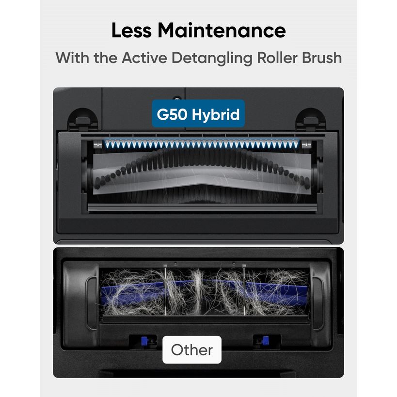 eufy RoboVac G50 Hybrid active detangling roller brush compared with a standard brush