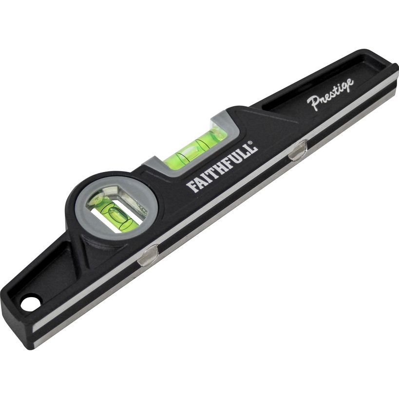 Black and grey heavy duty scaffold spirit level by Faithfull with green fluorescent level vials, aluminum rails, and circular viewing window, featuring Prestige branding on top handle