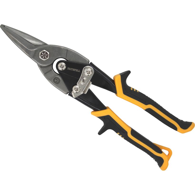 Faithfull compound aviation snips with straight cutting blades, featuring black and yellow ergonomic handles, metal pivot mechanism, and gray steel blades for precision cutting