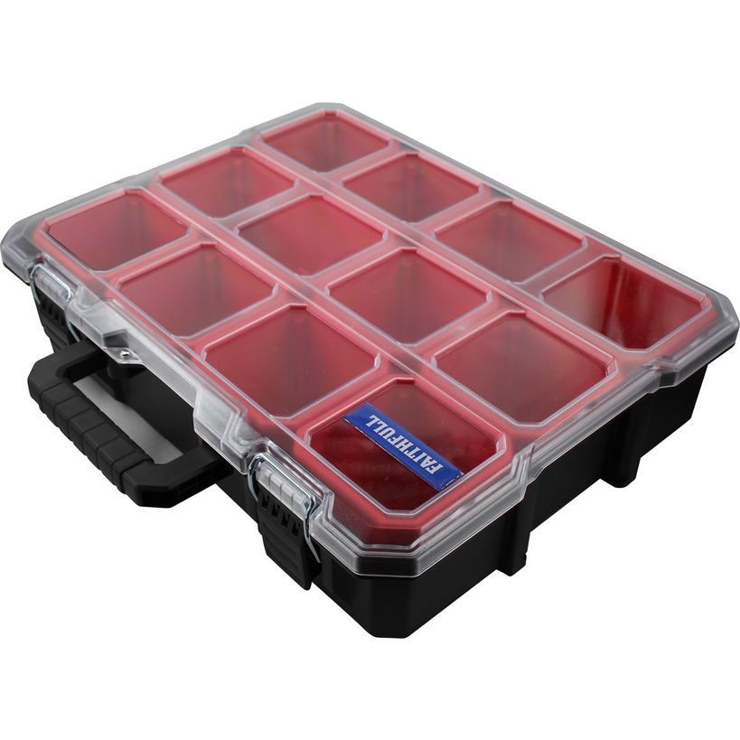 Faithfull Deep Professional Organiser with 12 red compartments, clear hinged lid, and black base with carry handles for tool and hardware storage