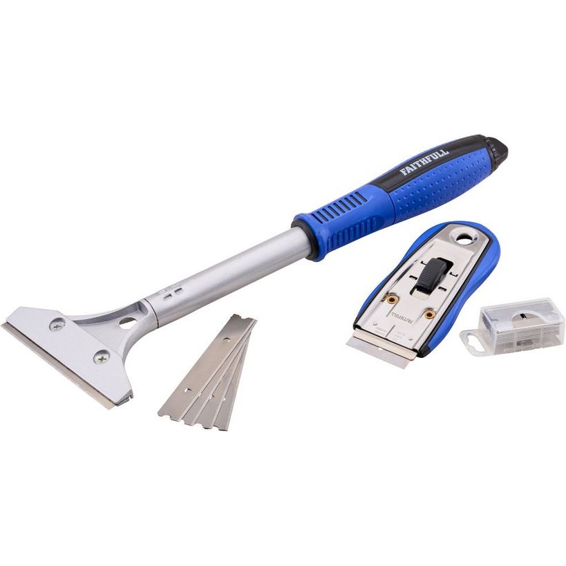 Faithfull Scraper Combi Pack with blue and black handled scraper tool, replacement blade cartridge, spare blades and storage case on white background