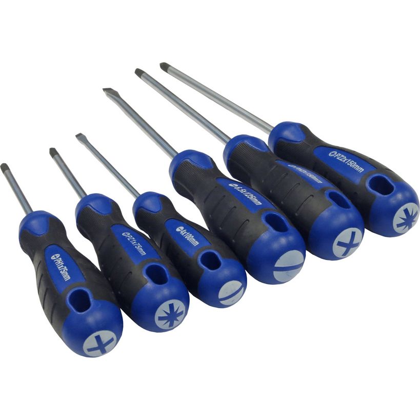 Six-piece screwdriver set with blue and black soft grip handles featuring Phillips and flathead tips, arranged in graduating size order