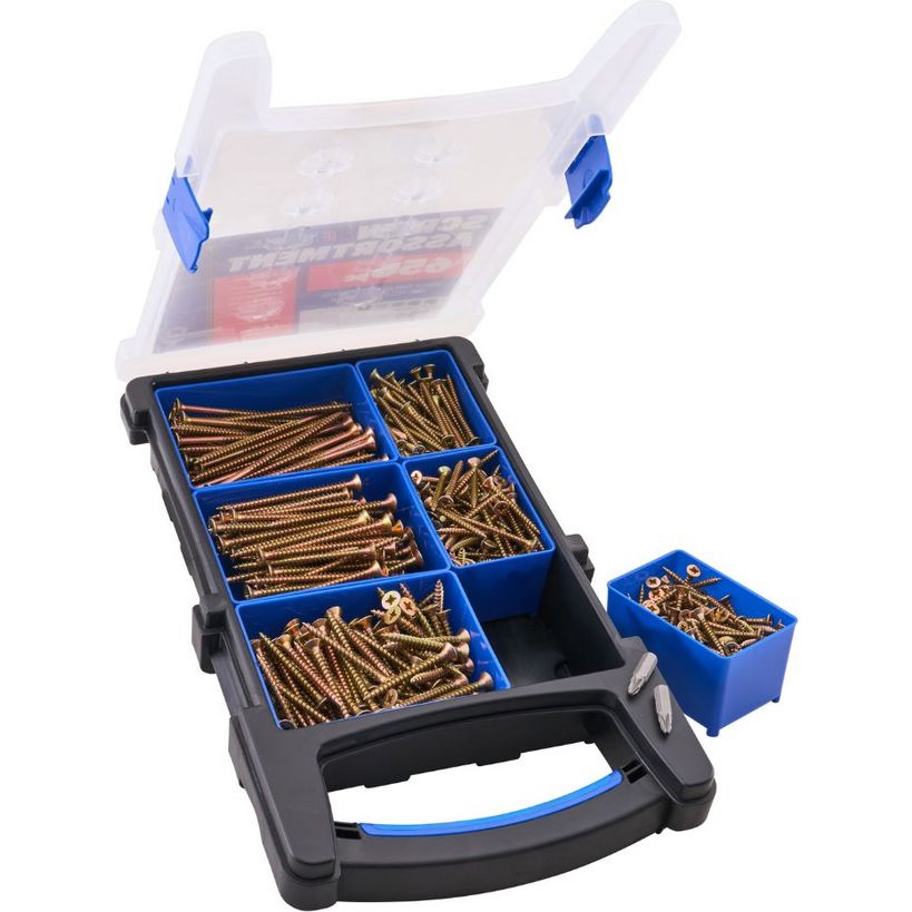 Forgefix 650 piece brass wood screw set in black and blue plastic organiser box with compartmented trays containing various sized screws and removable blue storage tray