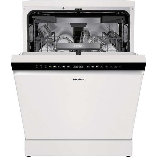 Haier I Pro Shine Series 3 white freestanding dishwasher with open door showing interior racks and black control panel with digital display