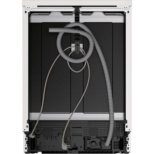 Rear view of white Haier I Pro Shine Series 3 dishwasher showing internal spray arms, hoses and mechanical components against black interior background