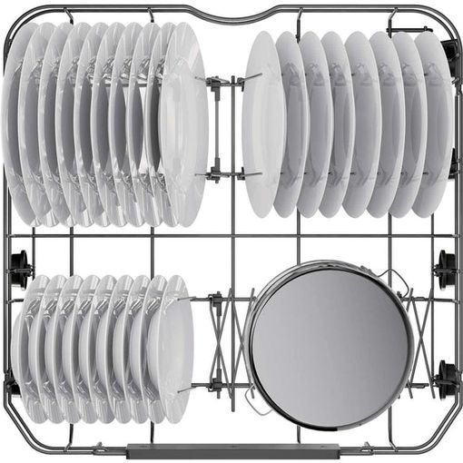 Top-down view of Haier I Pro Shine Series 3 dishwasher interior showing white plate racks, upper and lower basket sections with multiple plate slots, central spray arm, and large circular filter basket on white background