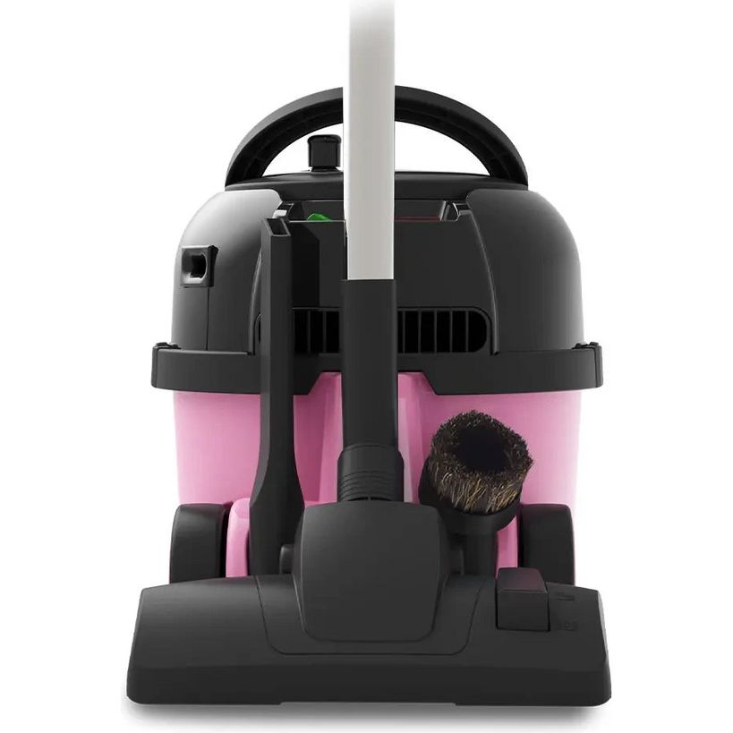 Hetty HET200 compact wet and dry vacuum cleaner with pink plastic tank, black motor head, carrying handle and accessories including brush attachment