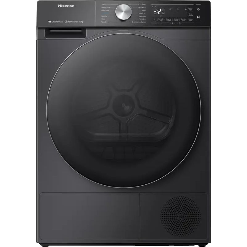 Hisense 10kg black heat pump tumble dryer with WiFi connectivity, digital display showing 3:20, front-loading design with large circular door and modern control panel