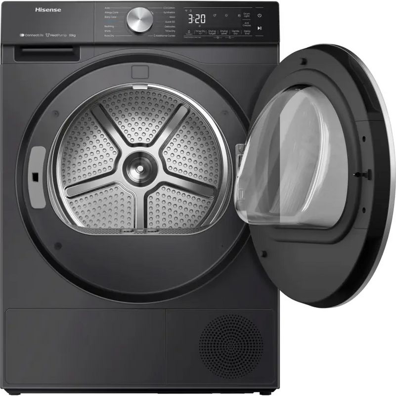 Hisense 10kg heat pump tumble dryer in black with open door showing stainless steel drum, digital display showing 320 minutes, control dial and buttons visible on top panel