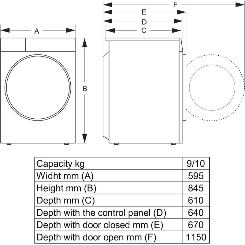 Technical diagram and specifications for Hisense 10kg black heat pump tumble dryer showing front and side views with dimensions including width 595mm, height 845mm, and depth measurements, plus capacity and control panel details