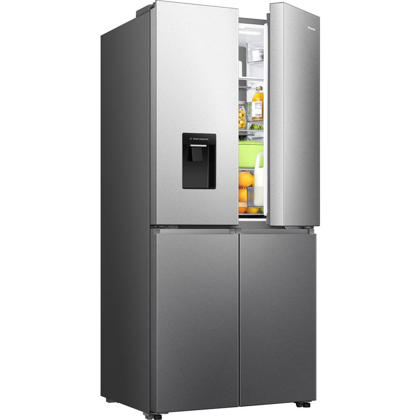 Hisense PureFlat American Style Smart Fridge Freezer in stainless steel with water and ice dispenser, showing open doors displaying fresh produce and beverages inside