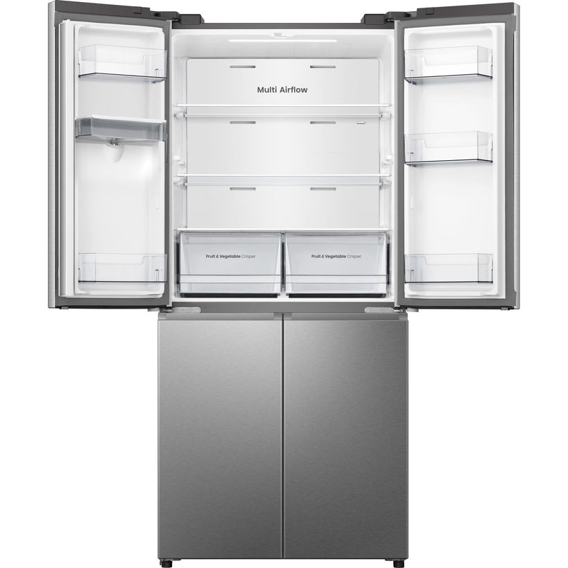 Hisense PureFlat stainless steel American style four-door fridge freezer with Multi Airflow technology, dual fruit and vegetable crisper drawers, and split upper and lower compartments shown with doors open displaying interior shelving