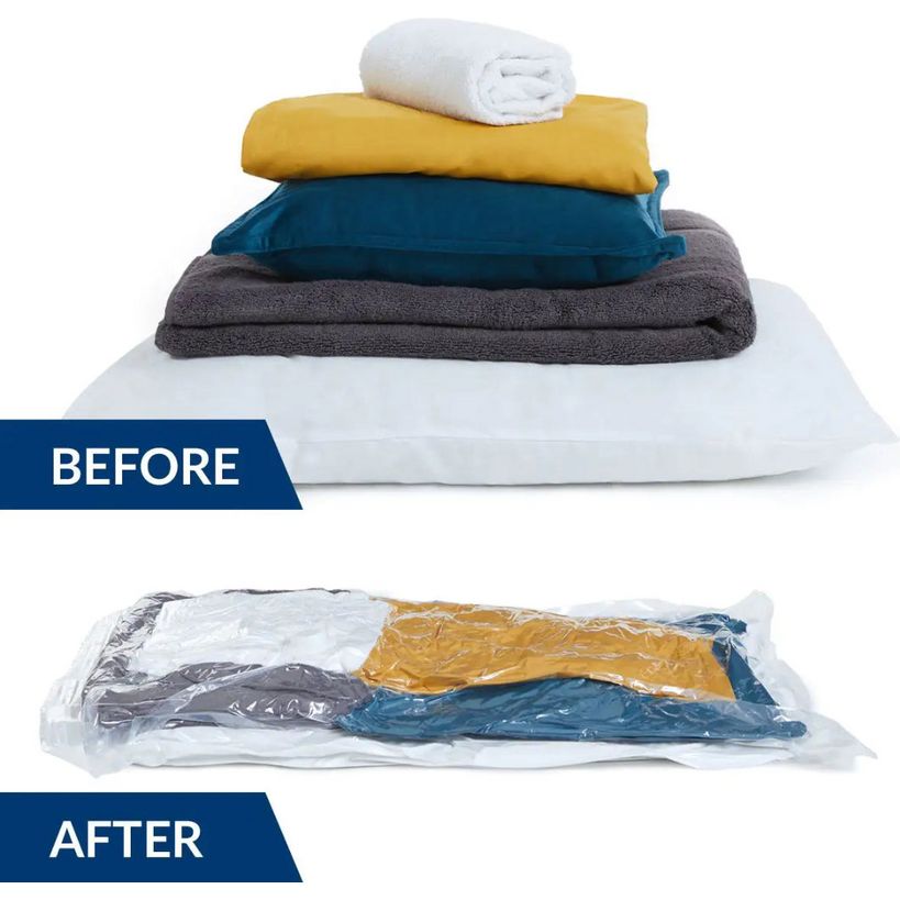 Before and after comparison of JML Vac Pac Go vacuum storage bags showing folded clothes in white, gray, mustard yellow and teal blue stacked neatly before compression and the same items vacuum-sealed flat in a clear plastic bag after use