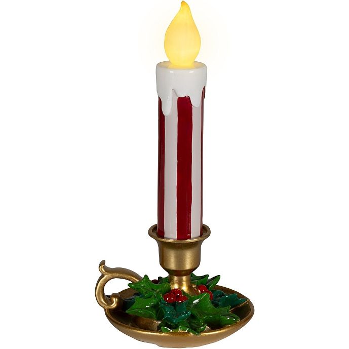 Kaemingk LED Red and White Striped Candle with Holly - 37.5cm | 9481010