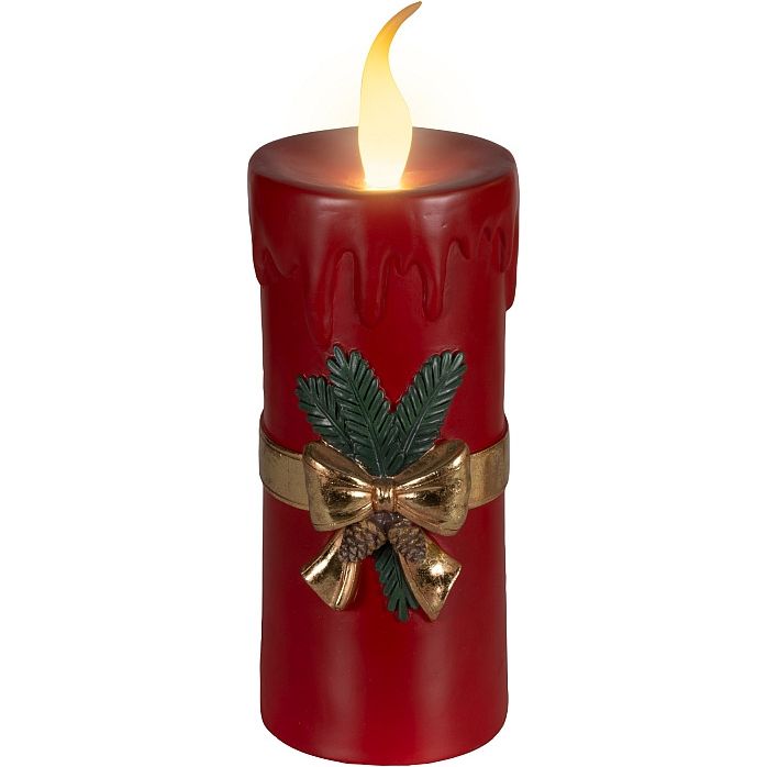 Kaemingk LED Red Pillar Candle with Pine and Bow - 44cm | 9481008