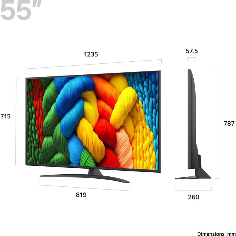LG NANO81 55 inch 4K UHD Smart TV displaying vibrant colorful woven pattern on screen with black bezel and stand, shown with dimension measurements in millimeters indicating 1235mm width and 787mm height