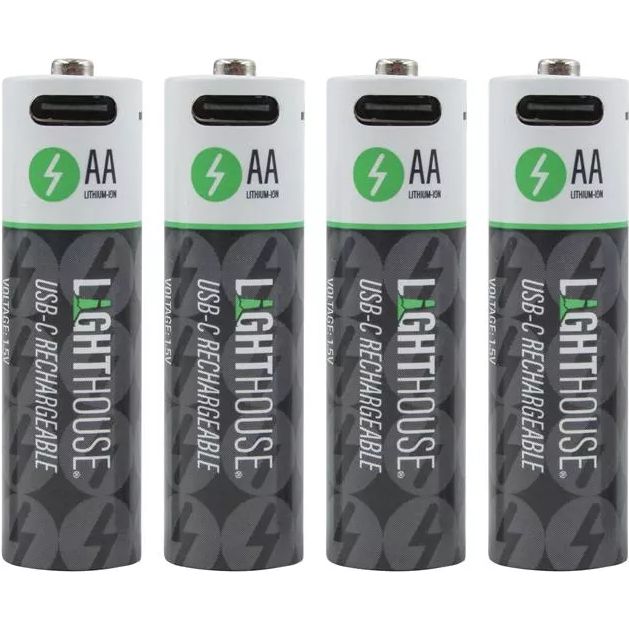 Four white and dark gray Lighthouse AA rechargeable lithium-ion batteries with USB-C charging ports, featuring green lightning bolt logos on white tops and black lower sections with product text