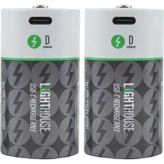 Two Lighthouse D size lithium-ion USB-C rechargeable batteries with white tops, green lightning bolt logo, and dark gray patterned sides showing lightning bolt designs