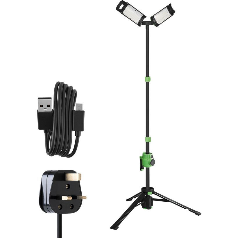 Lighthouse rechargeable LED site light on tripod stand with dual adjustable spotlights, showing black tripod base, green adjustment collar, power cable with USB connector and UK plug adapter
