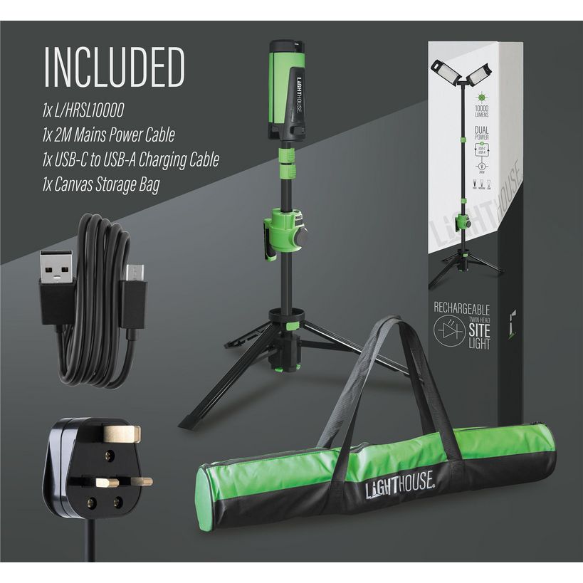 Lighthouse rechargeable site light 10000 lumens with tripod stand, shown in green and black with included accessories: mains power cable, USB-C charging cable, canvas storage bag, and wall-mounted power plug, displayed against grey background with product packaging box