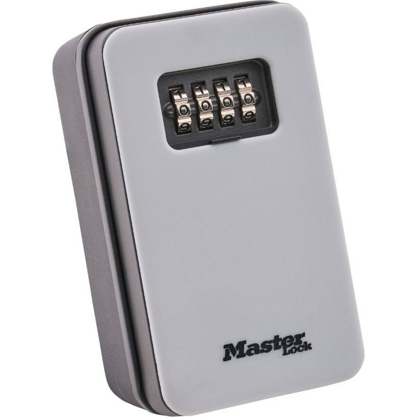 Master Lock combination key safe with silver metal body and black dial lock, wall-mounted security box for storing keys and valuables