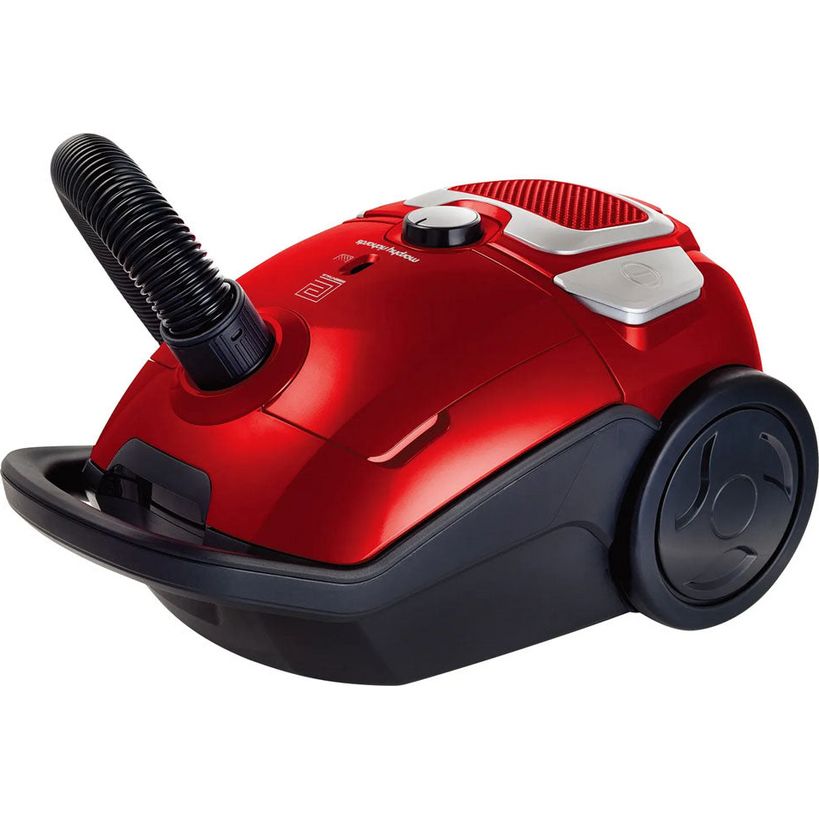 Morphy Richards red bagged cylinder vacuum cleaner with black base and detachable hose on white background