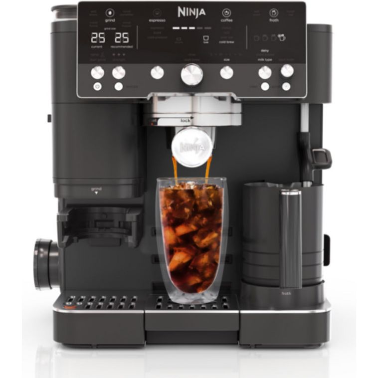 Ninja Luxe Café Premier Series black coffee machine dispensing cold brew into a clear glass cup, featuring digital display, multiple control buttons and knobs, stainless steel accents, and dual water reservoirs on either side