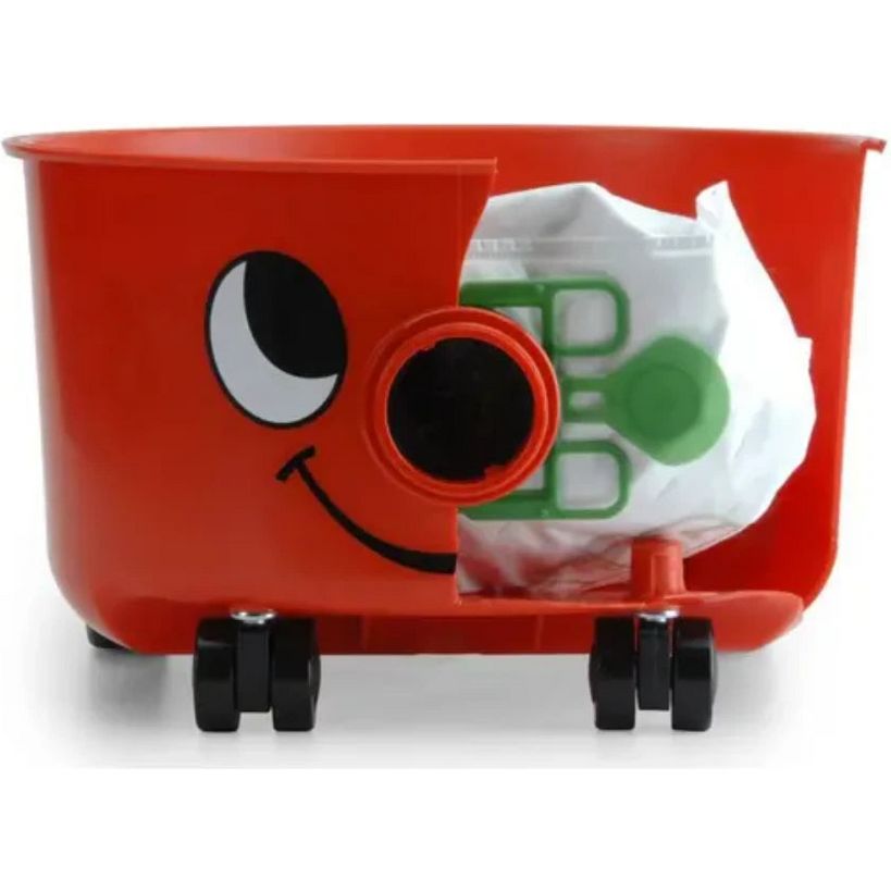 Red Numatic Henry vacuum cleaner with smiling face design, featuring large circular eyes and black wheels, shown with white collection bag visible through front panel opening