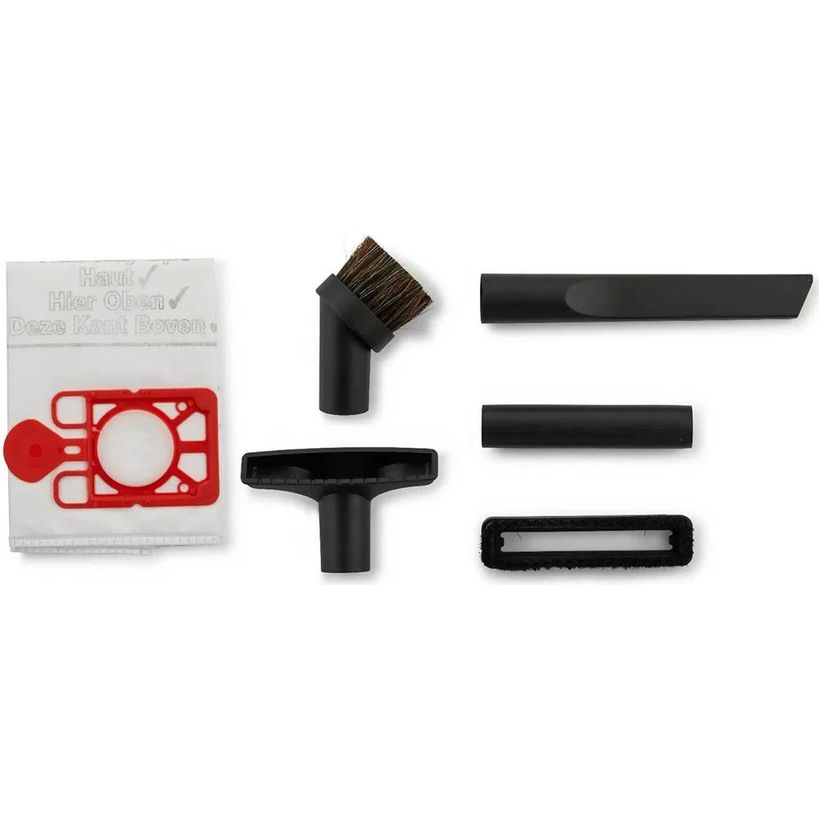 Numatic Henry vacuum cleaner accessory kit showing white instruction card with red graphic and black attachment tools including brush head, crevice tools, and floor head against white background