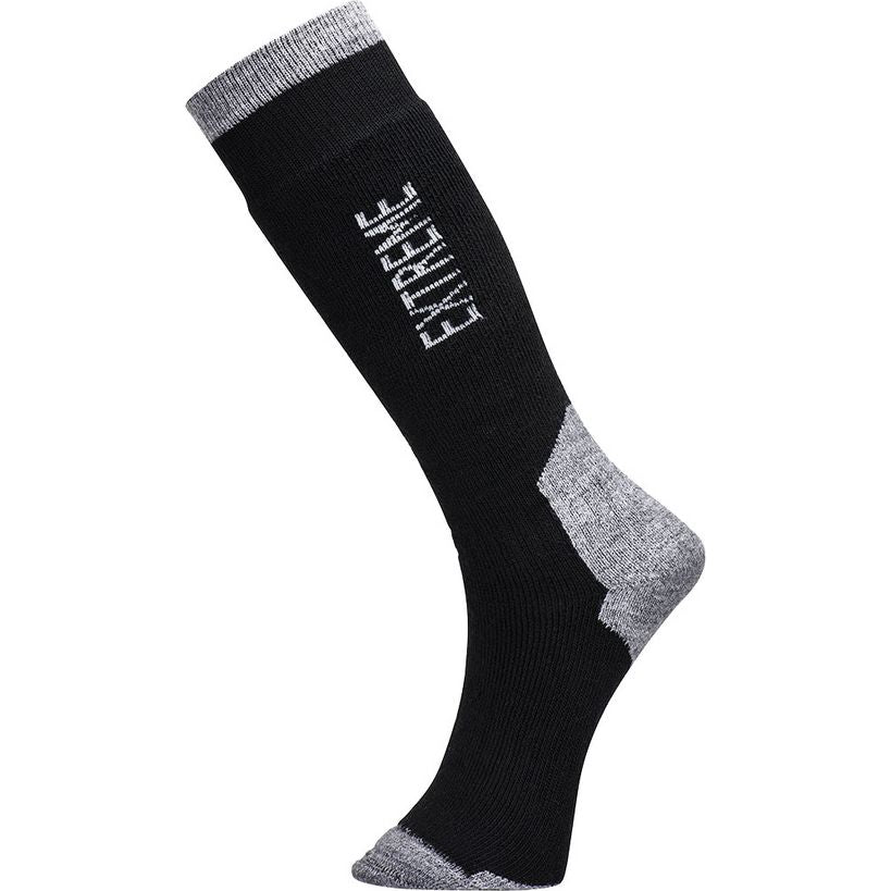Portwest Extreme Cold Weather Sock in black and grey, size 39-43, featuring ribbed knit construction with grey cuff and heel reinforcement, displayed against white background