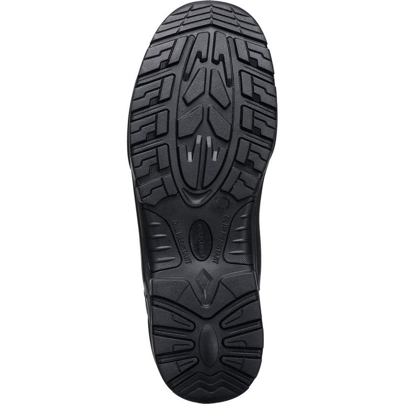 Bottom view of a black Portwest steel nubuck ankle safety boot showing the sole tread pattern with protective grip zones and safety certifications S3 HRO SR FO SC
